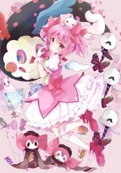 Rule 34 | 1girl, anthony (madoka magica), bad id, bad pixiv id, blush, bug, butterfly, candy wrapper, character request, charlotte (madoka magica), commentary, creature, detached wings, frilled skirt, frills, ghost, hair between eyes, hair ribbon, hand up, head tilt, heart, highres, insect, kaname madoka, kneehighs, kyubey, looking at viewer, looking to the side, mahou shoujo madoka magica, mahou shoujo madoka magica (anime), mini wings, monitor, on head, pink hair, puffy short sleeves, puffy sleeves, red footwear, red ribbon, ribbon, shirt, shoe soles, shoes, short sleeves, skirt, socks, sparkle, symbol-only commentary, tsukiyo (skymint), twintails, white shirt, white skirt, white socks, white wings, wings