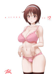 Rule 34 | !?, ..., 1girl, black thighhighs, bra, breasts, brown eyes, brown hair, cleavage, commentary request, cowboy shot, hairband, highres, kantai collection, large breasts, looking at viewer, natori (kancolle), panties, pink bra, pink panties, short hair, simple background, solo, t2r, thighhighs, underwear, underwear only, white background, white hairband