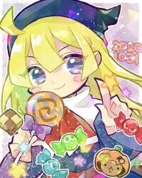 Rule 34 | 1girl, ahoge, blonde hair, blue eyes, blue headwear, blue robe, blush stickers, border, candy, capelet, checkerboard cookie, closed mouth, cookie, dated, doradorakingyo, food, holding, holding candy, holding food, holding lollipop, index finger raised, jack-o&#039;-lantern, lollipop, long hair, looking at viewer, paprisu (puyopuyo), puyo (puyopuyo), puyopuyo, puyopuyo quest, red ribbon, ribbon, robe, smile, solo, star (symbol), swirl lollipop, white border, white capelet, witch (puyopuyo), wrapped candy