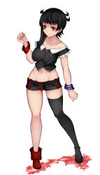 Rule 34 | 1girl, alternate costume, aoshima, bangle, bare legs, bare shoulders, black hair, black shirt, black shorts, black thighhighs, boots, bracelet, breasts, commentary request, crop top, frills, full body, groin, hand up, highres, houjuu nue, jewelry, large breasts, long hair, looking at viewer, midriff, navel, off-shoulder shirt, off shoulder, pink lips, red eyes, red footwear, shirt, short shorts, shorts, simple background, single boot, single thighhigh, smile, solo, standing, stomach, thighhighs, thighs, touhou, white background
