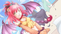 Rule 34 | 1girl, animal ear fluff, animal ears, animal hands, armlet, artist request, bare shoulders, blush, bracelet, breasts, claws, cleavage, covering crotch, covering privates, fang, hair between eyes, jewelry, laundry, medium breasts, medium hair, memeko (monster musume), midriff, monster musume no iru nichijou, monster musume no iru nichijou online, navel, official art, open mouth, outdoors, red hair, slit pupils, solo, tank top, torn clothes, wardrobe malfunction, yellow eyes, yellow tank top