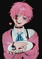 Rule 34 | ahoge, black background, black choker, blood, blood on clothes, blood on face, blue eyes, blue ribbon, choker, collared shirt, corrupted twitter file, disembodied limb, earrings, eyepatch, fangs, guro, hair ornament, hairclip, heart, heart-shaped pupils, highres, jacket, jewelry, looking at viewer, medical eyepatch, missing eye, open mouth, original, pink hair, pink jacket, ribbon, shirt, short hair, simple background, single earring, symbol-shaped pupils, very short hair, yoshinoa