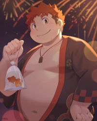 Rule 34 | 1boy, absurdres, aerial fireworks, bag, bagged fish, bara, bare pectorals, belly, big belly, blurry, bokeh, brown eyes, brown hair, depth of field, fat, fat man, fireworks, fish, goldfish, hand on own hip, happi, highres, holding, japanese clothes, jewelry, looking at viewer, male focus, navel, necklace, night, night sky, nipples, pectorals, seamonsterping, short hair, sideburns, sky, smile, solo, thick eyebrows, tokyo houkago summoners, undercut, upper body, yakushimaru ryota