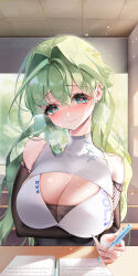 Rule 34 | 1girl, absurdres, arm under breasts, bare shoulders, black shirt, blush, breasts, chinese commentary, cleavage, cleavage cutout, closed mouth, clothing cutout, commentary request, desk, detached sleeves, earrings, fangwan, green eyes, green hair, hair between eyes, heart, heart-shaped pupils, heavy breathing, highres, holding, holding pen, indoors, jewelry, large breasts, layered shirt, long hair, looking at viewer, nose blush, original, pen, shirt, smile, solo, sweat, symbol-shaped pupils, upper body, wavy hair, white shirt
