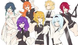 Rule 34 | 2boys, 5girls, albedo (genshin impact), amber (genshin impact), androgynous, arms behind head, arms up, belt, black gloves, black hair, black jacket, black necktie, black shorts, blonde hair, blue eyes, blue hair, bow, braid, collared shirt, colored eyelashes, commentary, crossed arms, crystal hair, elbow gloves, english commentary, eula (genshin impact), fluffynyans, frilled gloves, frills, gem uniform (houseki no kuni), genshin impact, gloves, gradient hair, green eyes, green nails, hair bow, hair over one eye, highres, holding, holding paper, holding weapon, houseki no kuni, jacket, japanese saw, jean (genshin impact), lisa (genshin impact), long hair, looking at viewer, multicolored hair, multiple boys, multiple girls, nail polish, navel, necktie, one eye covered, orange eyes, orange hair, paper, ponytail, puffy short sleeves, puffy sleeves, purple eyes, purple hair, red eyes, red hair, ribbon, robe, rosaria (genshin impact), saw, shirt, short hair, short hair with long locks, short shorts, short sleeves, shorts, side braids, sidelocks, simple background, single thighhigh, smile, sparkle, thighhighs, twin braids, venti (genshin impact), weapon, white background, white gloves, white jacket, white shirt, yellow eyes