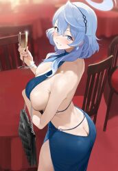 Rule 34 | 1girl, ako (blue archive), ako (dress) (blue archive), ass, back, backless dress, backless outfit, bare shoulders, blue archive, blue dress, blue eyes, blue hair, blue halo, blush, breasts, butt crack, commentary, cup, dress, drinking glass, from behind, halo, highres, large breasts, looking at viewer, looking back, medium hair, nail polish, official alternate costume, parted lips, preview (preview0), sideboob, smile, solo, symbol-only commentary, teeth