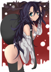 Rule 34 | 1girl, antlers, bags under eyes, bare shoulders, black hair, black thighhighs, green eyes, highres, horns, long hair, messy hair, naked sweater, off-shoulder, off-shoulder sweater, off shoulder, original, sack, solo, sukage, sweater, thighhighs