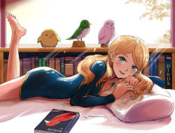 Rule 34 | 1girl, barefoot, bed, bird, blonde hair, blush, book, bookshelf, bottomless, breasts, cleavage, commentary request, day, english text, gacha-m, green eyes, gundam, gundam narrative, long hair, long sleeves, lying, morning, on stomach, pillow, rita bernal, small breasts, smile