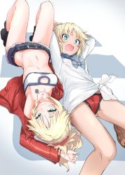 Rule 34 | 1girl, 2girls, aged down, bandeau, belt, bikini, bikini under clothes, black footwear, blonde hair, blush, cutoffs, denim, denim shorts, fate/grand order, fate (series), green eyes, groin, highres, jacket, jewelry, looking at viewer, lying, mordred (fate), mordred (fate) (all), mordred (swimsuit rider) (fate), mordred (swimsuit rider) (second ascension) (fate), mozu (peth), multiple girls, necklace, on back, open mouth, red bikini, red jacket, shirt, short shorts, shorts, smile, swimsuit, swimsuit under clothes, tied shirt, white background