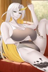 Rule 34 | 1girl, aslindsamure, blonde hair, breasts, cleavage, colored skin, fire emblem, fire emblem heroes, gullveig (fire emblem), highres, large breasts, looking at viewer, multicolored hair, navel, nintendo, oni horn, pale skin, smile, solo, swimsuit, thick thighs, thighs, white hair, white skin, wide hips, yellow eyes