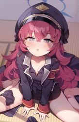 Rule 34 | 1girl, absurdres, armband, bare legs, barefoot, black shirt, black socks, blouse, blue archive, blush, breasts, cleavage, halo, hat, highres, iroha (blue archive), jacket, jehyun, military, military hat, military jacket, military uniform, open clothes, open jacket, open mouth, red hair, safety pin, shirt, sitting, small breasts, socks, unworn socks, solo, thighs, uniform, wariza