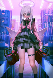 Rule 34 | 1girl, angel wings, bag, belt, belt buckle, black bag, black belt, black bow, black bowtie, black collar, black skirt, black socks, bow, bowtie, buckle, buttons, chainsaw, collar, commentary, drill, dual wielding, earrings, eyepatch, fake wings, feet out of frame, fluorescent lamp, frilled sleeves, frills, grey hair, heart, heart earrings, highres, hironii (hirofactory), holding, indoors, jewelry, layered skirt, long hair, long sleeves, looking at viewer, multiple belts, object request, open mouth, original, pink eyes, pink shirt, power tool, screwdriver, shelf, shirt, sign, skirt, smile, socks, solo, thigh strap, twintails, wings, wrench, yami kawaii