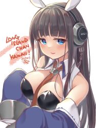 Rule 34 | absurdres, adapted costume, animal ears, azur lane, between breasts, black hair, black leotard, blue eyes, blue jacket, breasts, character name, dated, detached collar, fake animal ears, headphones, highres, jacket, leotard, long hair, long island (azur lane), looking at viewer, medium breasts, necktie, open clothes, open jacket, playboy bunny, pucho, rabbit ears, red necktie, signature, simple background, sleeves past fingers, sleeves past wrists, smile, strapless, strapless leotard, upper body, very long hair, white background
