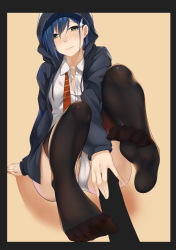 Rule 34 | 10s, 1girl, absurdres, arm support, b3b, black thighhighs, blue hair, blush, cameltoe, censored, collarbone, darling in the franxx, feet, foot focus, green eyes, hair ornament, hairclip, highres, hood, hood up, hoodie, ichigo (darling in the franxx), legs, necktie, no shoes, panties, shirt, short hair, sitting, soles, thighhighs, toe scrunch, toes, underwear, white panties, white shirt