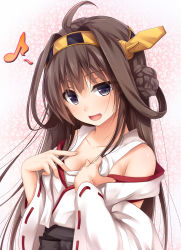 Rule 34 | 10s, 1girl, :d, ahoge, bare shoulders, black eyes, blue eyes, blush, breasts, brown hair, cleavage, hairband, hand on own chest, hands on breasts, haryuu (poetto), highres, kantai collection, kongou (kancolle), long hair, medium breasts, musical note, nontraditional miko, open mouth, quaver, ribbon-trimmed sleeves, ribbon trim, smile, solo