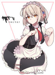 Rule 34 | 1girl, absurdres, apron, artist name, character name, cosplay, g36 (girls&#039; frontline) (cosplay), g36 (girls&#039; frontline), girls&#039; frontline, highres, looking at viewer, maid, maid apron, maid headdress, necktie, paw pose, short hair, silver hair, simple background, vector (girls&#039; frontline), yellow eyes, youngwon