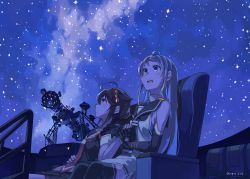 Rule 34 | 2girls, ahoge, blue theme, braid, chair, commentary request, dome, elbow gloves, fingerless gloves, gloves, hair flaps, hair ornament, hair over shoulder, highres, holding hands, indoors, kantai collection, long hair, looking up, multiple girls, neckerchief, necktie, planetarium, projector, sailor collar, samidare (kancolle), school uniform, serafuku, shigure (kancolle), shirt, single braid, sky, sleeveless, sleeveless shirt, star (sky), starry sky, sugue tettou, swept bangs, thighhighs, very long hair