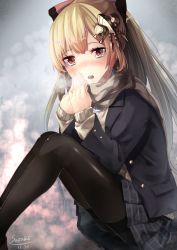 Rule 34 | 10s, 1girl, bad id, bad pixiv id, black pantyhose, blonde hair, blush, bow, breath, commentary request, granblue fantasy, hair bow, hair ornament, highres, jacket, long hair, looking at viewer, open mouth, pantyhose, pleated skirt, ponytail, red eyes, saraki, scarf, school uniform, sitting, skirt, solo, sweater, thighband pantyhose, vira (granblue fantasy), warming hands