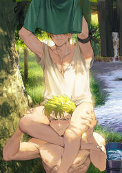 Rule 34 | 2boys, armband, armpits, barefoot, between thighs, blonde hair, blush, bottomless, breasts, cleavage, cleavage cutout, closed mouth, clothing cutout, convenient censoring, day, green hair, green shirt, head between thighs, holding, holding clothes, holding shirt, kneehighs, male focus, multiple boys, muscular, muscular male, nipples, no male underwear, no pants, one piece, outdoors, pectoral cleavage, pectorals, roronoa zoro, runa (nori31291404), sanji (one piece), shirt, short hair, smile, socks, thick thighs, thighs, white shirt