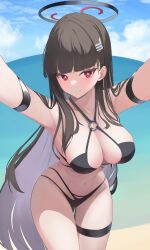 Rule 34 | 1girl, absurdres, andamiro, armlet, bikini, black hair, blue archive, blunt bangs, blush, breasts, cleavage, collarbone, hair ornament, hairclip, halo, highres, large breasts, long hair, looking at viewer, multi-strapped bikini, o-ring, o-ring top, red eyes, rio (blue archive), solo, swimsuit, thigh gap, thigh strap, thighs, very long hair