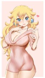 Rule 34 | 1girl, bad id, bad pixiv id, blonde hair, blue eyes, blush, breasts, cleavage, highres, jewelry, large breasts, long hair, looking at viewer, mario (series), necklace, nintendo, no pants, ornate ring, pink background, princess peach, ring, smile, solo, standing, sweater, zabumaku