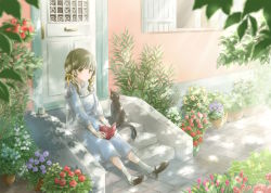 Rule 34 | 1girl, black cat, black footwear, blurry, book, brown eyes, brown hair, cat, commentary request, cup, day, depth of field, door, dress, flower, hair ribbon, highres, holding, holding book, hoshiibara mato, house, light rays, long sleeves, looking at viewer, low twintails, open book, original, outdoors, outstretched legs, plant, potted plant, ribbon, saucer, sett, sitting, socks, solo, stairs, stone walkway, sunbeam, sunlight, teacup, twintails, white dress, white socks, window, window shutter, yellow ribbon