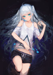Rule 34 | 1girl, absurdres, ahoge, aqua eyes, bare shoulders, black shorts, blush, closed mouth, clothing cutout, from above, grey hair, head tilt, highres, ichika (ichika87), knee up, long hair, looking at viewer, looking up, lying, on back, one side up, original, shallow water, shirt, short sleeves, shorts, shoulder cutout, smile, solo, very long hair, water, white shirt