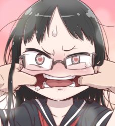 Rule 34 | 1girl, black hair, blush, finger in another&#039;s mouth, glasses, heart, heart-shaped pupils, mouth pull, open mouth, school uniform, solo focus, spread mouth, sweatdrop, symbol-shaped pupils, teeth, tokkyuu mikan, tongue