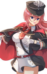 Rule 34 | 1girl, azur lane, black cape, black hat, blue eyes, breasts, cape, dress, gloves, hane (feathe02), hat, highres, long hair, looking away, medium breasts, military, military hat, military uniform, necktie, open mouth, peaked cap, pink hair, red necktie, serious, seydlitz (azur lane), solo, standing, uniform, white background, white gloves, wide sleeves