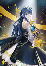 Rule 34 | 1girl, absurdres, arknights, armillary sphere, astesia (arknights), blue eyes, blush, braid, celestial globe, clock, commentary request, hair between eyes, hair intakes, highres, holding, holding sword, holding weapon, long hair, long sleeves, looking at viewer, nine points, solo, star (symbol), sword, weapon