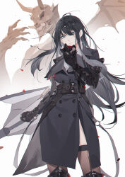 Rule 34 | 1girl, 1other, absurdres, ahoge, arm shield, belt, belt pouch, black coat, black footwear, black gloves, black hair, black thighhighs, blue eyes, boots, coat, collared shirt, colored sclera, cowboy shot, dangle earrings, demon, ear piercing, earrings, elbow gloves, falling petals, gloves, grey shirt, highres, holding, holding mask, imp, jewelry, knee boots, long hair, looking at viewer, mask, mouth mask, ninja mask, oni mask, path to nowhere, petals, piercing, pouch, pugongying, rahu (path to nowhere), red sclera, removing mask, scar, scar across eye, shirt, thighhighs, white background, zettai ryouiki