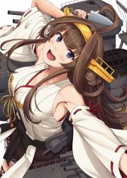 Rule 34 | 1girl, ahoge, armpit crease, blush, breasts, brown hair, brown skirt, cleavage, commentary request, highres, ichikawa feesu, japanese clothes, kantai collection, knife, kongou (kancolle), large breasts, looking at viewer, nontraditional miko, open mouth, pleated skirt, purple eyes, rigging, skirt, solo, white background