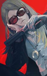 Rule 34 | 1boy, black coat, blonde hair, coat, fate/grand order, fate (series), gun, holding, holding gun, holding weapon, jewelry, necklace, red background, sei 8220, simple background, sunglasses, tezcatlipoca (fate), weapon