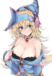 Rule 34 | 1girl, appleseed (appleseed art), bad id, bad pixiv id, bare shoulders, blonde hair, blue hat, blush stickers, breasts, choker, cleavage, dark magician girl, duel monster, green eyes, hat, large breasts, long hair, looking at viewer, magical girl, pentacle, pentagram, solo, wizard hat, yu-gi-oh!