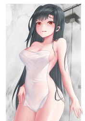 Rule 34 | 1girl, absurdres, alternate costume, amsxure, bare shoulders, bathroom, black hair, blush, breasts, cleavage, collarbone, covering privates, earpiece, feet out of frame, girls&#039; frontline, highres, long hair, looking at viewer, medium breasts, naked towel, nude cover, open mouth, orange eyes, qbz-191 (girls&#039; frontline), solo, standing, thighs, towel, wet, white towel