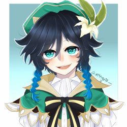 Rule 34 | 1boy, androgynous, bad id, bad twitter id, beret, black hair, blue hair, bow, braid, brooch, cape, collared cape, collared shirt, flower, gem, genshin impact, gradient hair, green eyes, green hat, hair flower, hair ornament, hat, highres, jewelry, leaf, looking at viewer, m4ngo10, male focus, multicolored hair, open mouth, shirt, short hair with long locks, simple background, smile, solo, twin braids, venti (genshin impact), white flower, white shirt