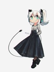 Rule 34 | 1girl, aqua eyes, artist name, black footwear, boots, cable, commentary, dated, digitan (porforever), electric plug, english commentary, full body, grin, hair between eyes, hands in pockets, headphones, high-waist skirt, highres, lightning bolt symbol, long skirt, long sleeves, looking at viewer, medium hair, original, ponytail, porforever, power symbol, shirt, simple background, skirt, smile, solo, star-shaped pupils, star (symbol), striped clothes, striped shirt, symbol-shaped pupils, tail, white background, white hair