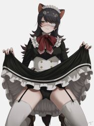 Rule 34 | 1girl, australian devil (kemono friends), black garter belt, black hair, black nails, black panties, blush, bow, bowtie, brown eyes, brown footwear, clothes lift, commentary request, cross, cross earrings, deku suke, earrings, eyepatch, frown, garter belt, gluteal fold, grey background, highres, jewelry, kemono friends, kneeling, lifting own clothes, long hair, long sleeves, looking away, looking to the side, maid, maid headdress, medical eyepatch, nail polish, one eye covered, panties, red bow, red bowtie, shoes, simple background, single earring, skirt, skirt lift, solo, tail, tasmanian devil ears, thighhighs, underwear, white thighhighs