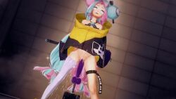 Rule 34 | 1girl, 3d, ahegao, animated, animated gif, aqua hair, arched back, bottomless, censored, creatures (company), dildo, drooling, feathermapleleaf, fucked silly, game freak, highres, huge filesize, iono (pokemon), koikatsu (medium), legs apart, machinery, nintendo, orgasm, pink hair, pokemon, pokemon sv, purple eyes, pussy, pussy juice, saliva, sex toy, shaking, spread legs, standing, thighs, tongue, tongue out, wet