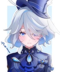 Rule 34 | 1girl, ahoge, ascot, blue ascot, blue brooch, blue eyes, blue hair, blue jacket, blush, crying, crying with eyes open, furina (genshin impact), furrowed brow, genshin impact, hair between eyes, hat, heterochromia, highres, jacket, kumo ff, light blue hair, multicolored hair, open mouth, sidelocks, solo, streaked hair, tears, top hat, two-tone hair, upper body