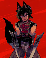 Rule 34 | animal, arm blade, black hair, mako gai, ninja, red background, sarutobi sasuke (sengoku musou), sengoku musou, tail, weapon, wolf tail