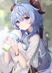 Rule 34 | 1girl, absurdres, ahoge, bell, blue hair, blurry, bow, bracelet, commentary request, cup, depth of field, disposable cup, drinking straw, drinking straw in mouth, from side, ganyu (genshin impact), ganyu (heytea) (genshin impact), genshin impact, goat horns, hair between eyes, hair bow, hair ribbon, highres, holding, holding cup, horns, jewelry, koki (latte1023), lamppost, long hair, long sleeves, looking at viewer, looking to the side, low ponytail, neck bell, official alternate costume, outdoors, purple eyes, ribbon, shirt, sidelocks, solo, upper body, white shirt