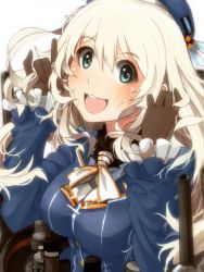Rule 34 | 10s, 1girl, atago (kancolle), black gloves, blonde hair, blush, breasts, gloves, green eyes, hat, kantai collection, large breasts, long hair, looking at viewer, military, military uniform, mistrail, open mouth, personification, smile, solo, uniform