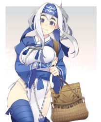 Rule 34 | 1girl, ainu clothes, bandana, basket, black thighhighs, blue eyes, breasts, cowboy shot, crate, cropped jacket, folded ponytail, headband, highres, kamoi (kancolle), kantai collection, large breasts, long hair, long sleeves, looking at viewer, pelvic curtain, sideboob, sidelocks, solo, tanaka io (craftstudio), thick eyebrows, thighhighs, white hair, wrist guards