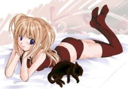Rule 34 | arm support, bed, black cat, blonde hair, blue eyes, camisole, cat, legs up, lingerie, long hair, lying, on back, on stomach, panties, purple eyes, red panties, red thighhighs, short twintails, thighhighs, twintails, two side up, underwear