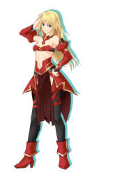 Rule 34 | 1girl, armor, bandeau, black legwear, blonde hair, breasts, detached sleeves, fate/apocrypha, fate (series), faulds, full body, green eyes, grin, hair between eyes, hand in own hair, high heels, long hair, long sleeves, looking at viewer, midriff, mordred (fate), mordred (fate/apocrypha), navel, red bandeau, red footwear, red sleeves, shadow, simple background, small breasts, smile, solo, standing, stomach, straight hair, tachi-e, underboob, very long hair, white background, yustinos