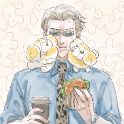 Rule 34 | 1boy, animal print, blonde hair, blue shirt, coffee cup, collared shirt, commentary request, creatures (company), cup, disposable cup, dog, fidough, food, game freak, goggles, holding, holding cup, holding food, leopard print, lettuce, long sleeves, looking at viewer, male focus, nanami kento, nekoyanaginekoko, nintendo, pokemon, pokemon (creature), pokemon sv, sandwich, shirt, short hair, solo, standing, upper body, watch
