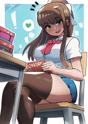 Rule 34 | !, 1girl, absurdres, blue background, blue skirt, blush, book, book stack, bow, bowtie, breasts, brown hair, brown thighhighs, chair, desk, doki doki literature club, green eyes, hair ribbon, heart, highres, holding, large breasts, long hair, looking at viewer, monika (doki doki literature club), open mouth, ponytail, red bow, red bowtie, ribbon, school uniform, shirt, short sleeves, sidelocks, sitting, skirt, smile, sparkle, speech bubble, spoken heart, teeth, thick thighs, thighhighs, thighs, tony welt, white ribbon, white shirt