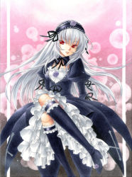 Rule 34 | 00s, 1girl, bad id, bad pixiv id, boots, doll joints, dress, female focus, frills, hairband, joints, knee boots, long hair, red eyes, rozen maiden, silver hair, solo, suigintou, traditional media, trimcolor, wings