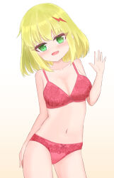 1girl blonde_hair blush bow bow_bra bow_panties bra breasts cleavage collarbone floral_print green_eyes hair_ornament lightning_bolt lightning_bolt_hair_ornament looking_at_viewer medium_breasts navel open_mouth original panties print_bra print_panties red_bow red_bra red_panties shooko short_hair smile standing underwear waving yellow_background